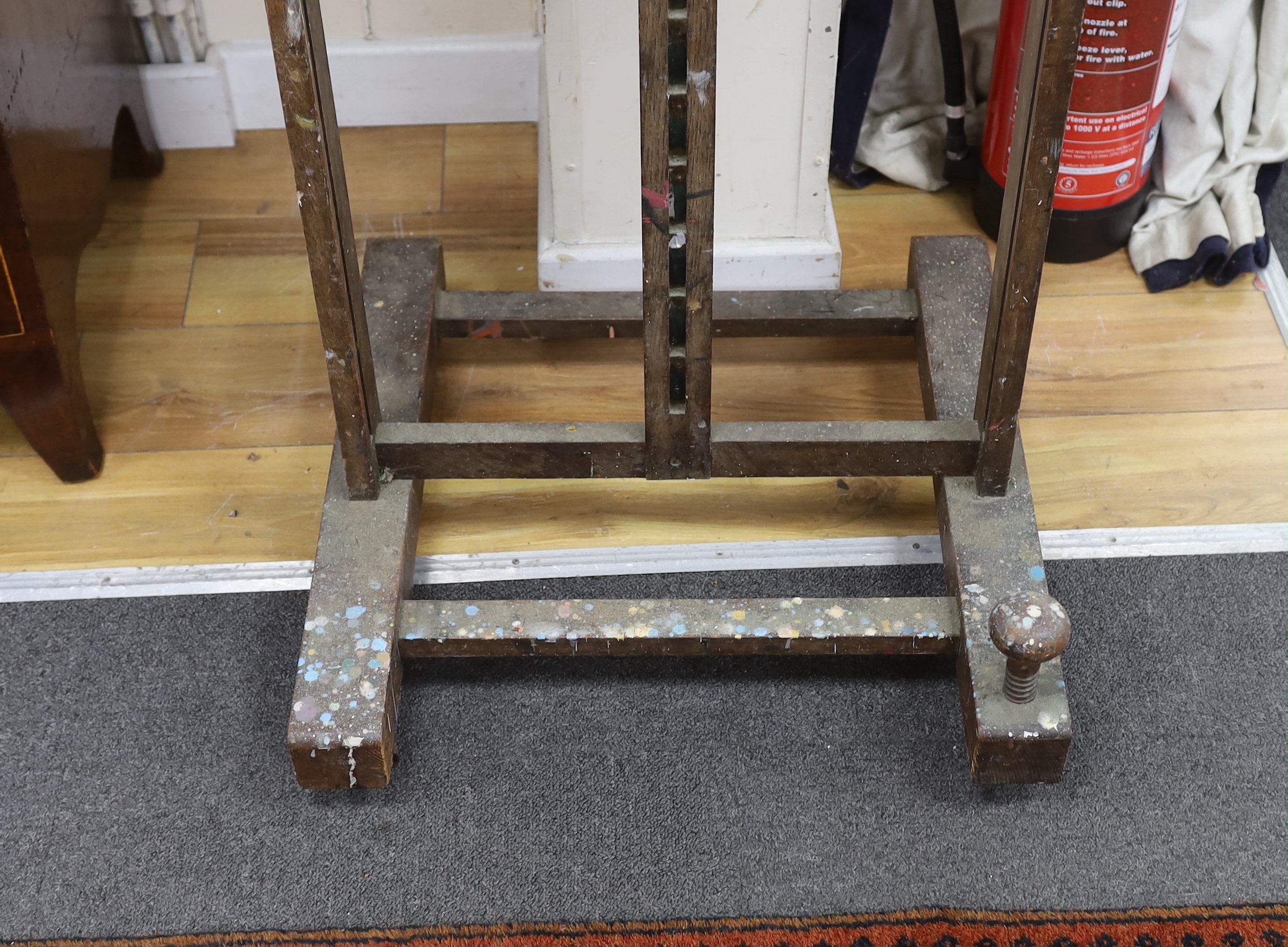 An early 20th century Reeves oak artist's studio easel label on reverse- constructed at Reeves woodworking factory
